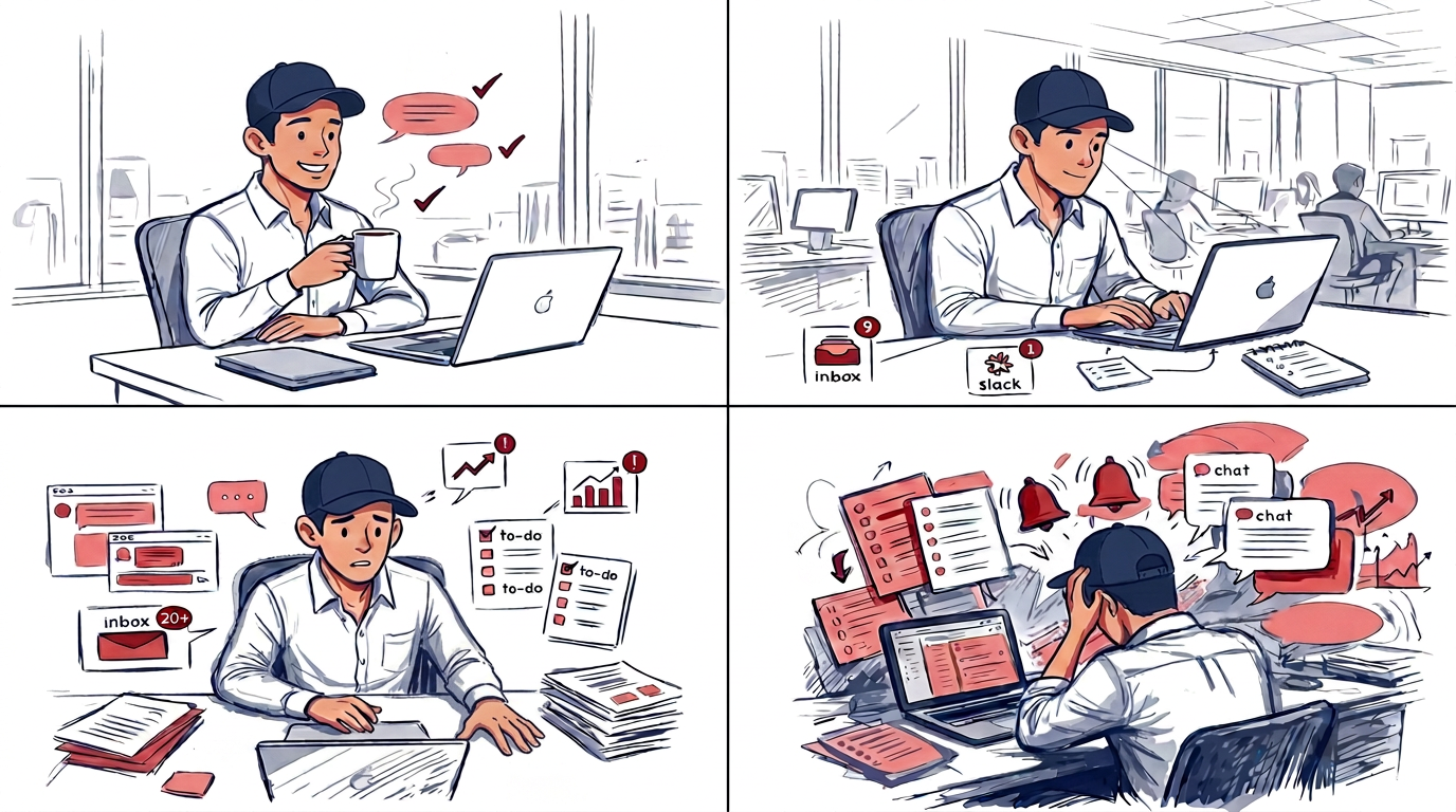 Four-panel pencil storyboard: Sam starts calm with coffee, notifications arrive, to-dos and inboxes pile up, and he ends slumped with his head in his hands under a swirl of chats and alerts.